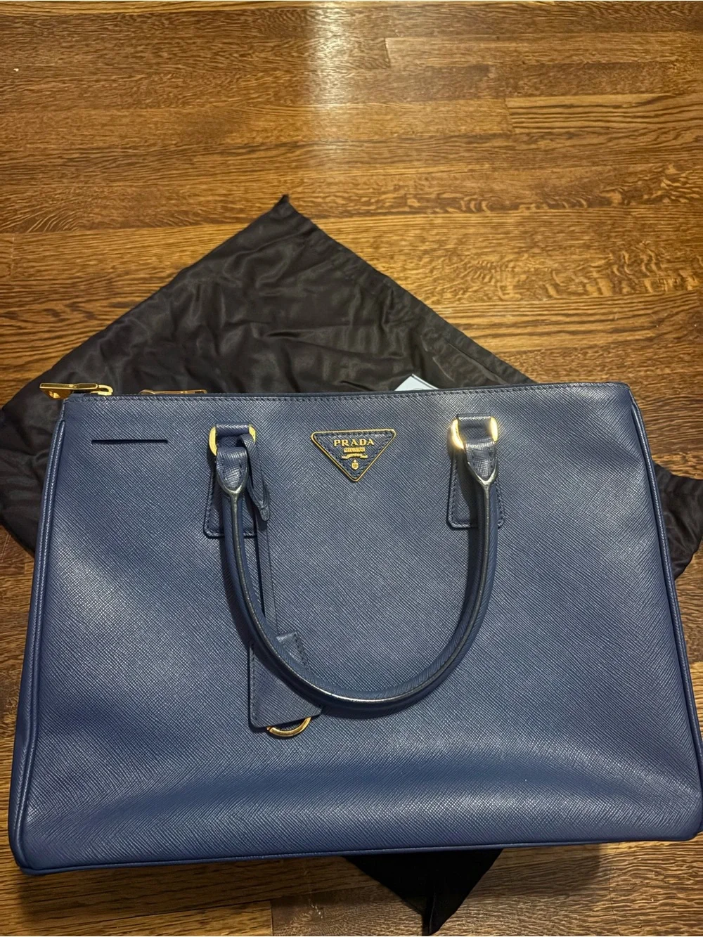 Prada Navy Saffiano Leather Satchel with Gold Hardware